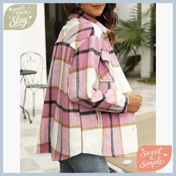 Long Sleeve Flannel Shacket Plaid Button Down Shirt Loose Fit - Picture 3 of 6